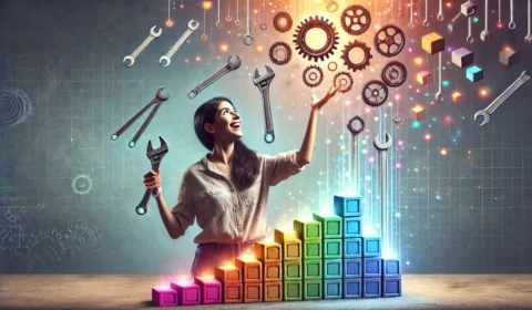 Image of delighted worker, using blocks instead of outdated tools.