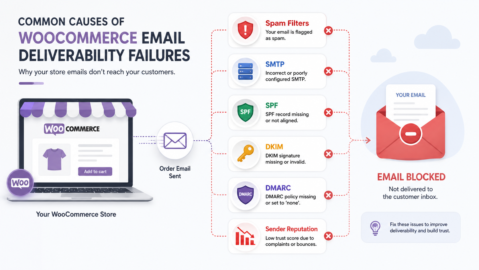 common-causes-woocommerce-deliverability-failures WooCommerce email deliverability failures caused by spam filters, SMTP problems, SPF, DKIM, DMARC, and sender reputation issues