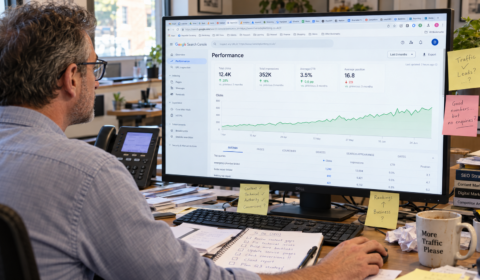Man reviewing a Google Search Console performance report at a cluttered desk