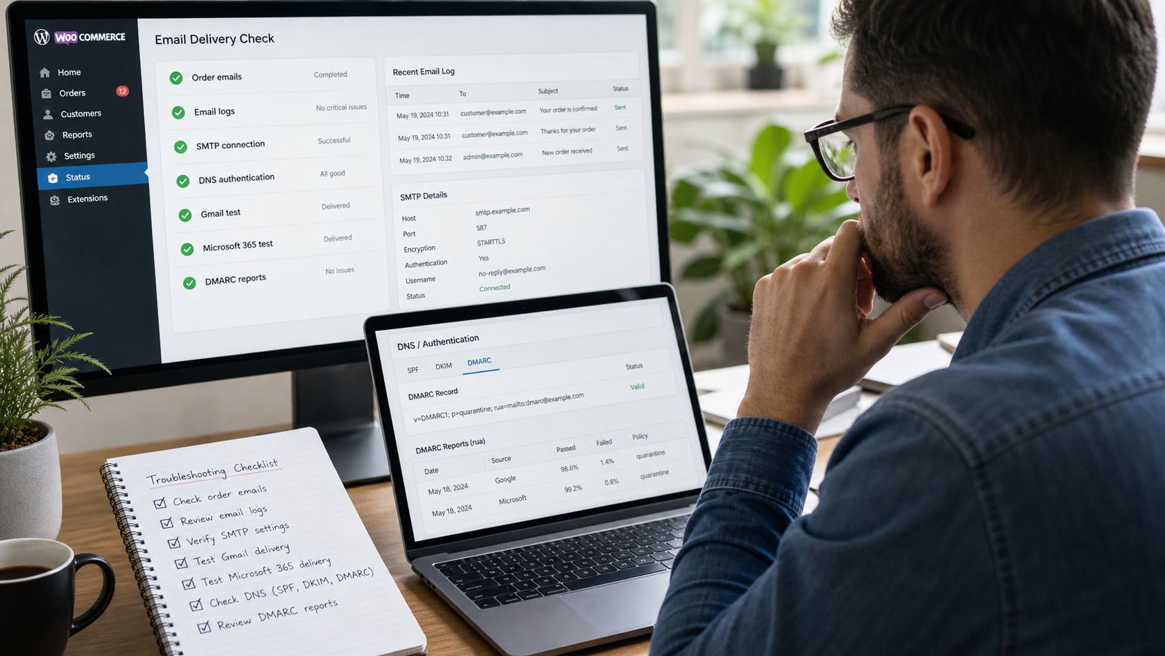 woocommerce-email-deliverability-check WooCommerce email deliverability check showing email logs, SMTP settings, DNS authentication, Gmail delivery, Microsoft 365 delivery, and DMARC reports