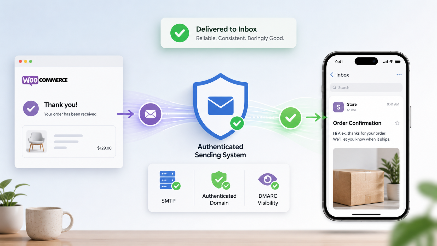 woocommerce-email-deliverability-success WooCommerce order confirmation moving through an authenticated email sending system and arriving successfully in the customer inbox